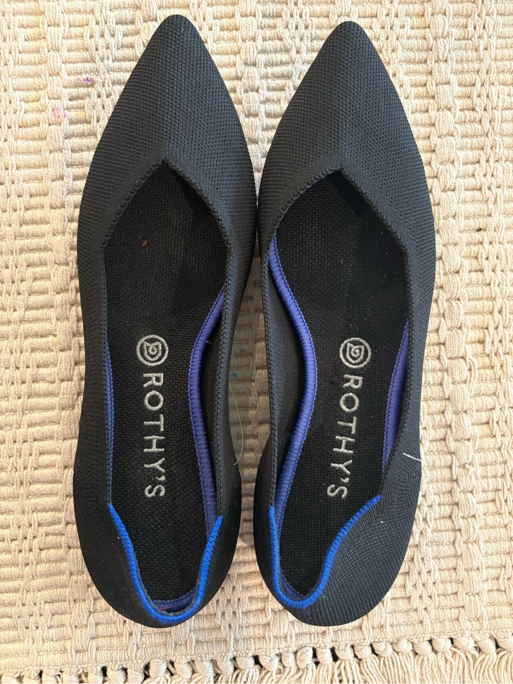 Rothy's Black Pointed Knit Flats with Blue Trim